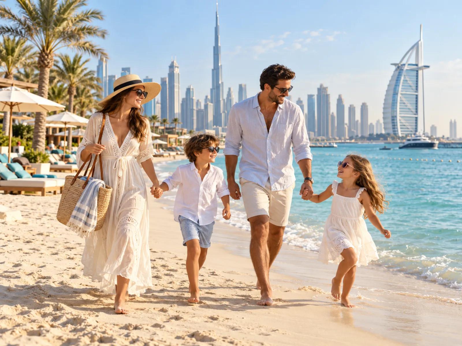 Family walking along a Dubai beach with the city skyline and Burj Al Arab behind