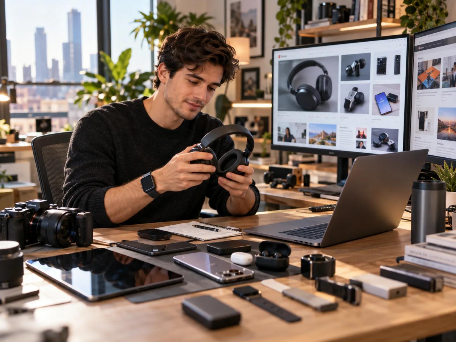 Techbit reviewer testing wireless headphones at a desk of devices with product pages on screen