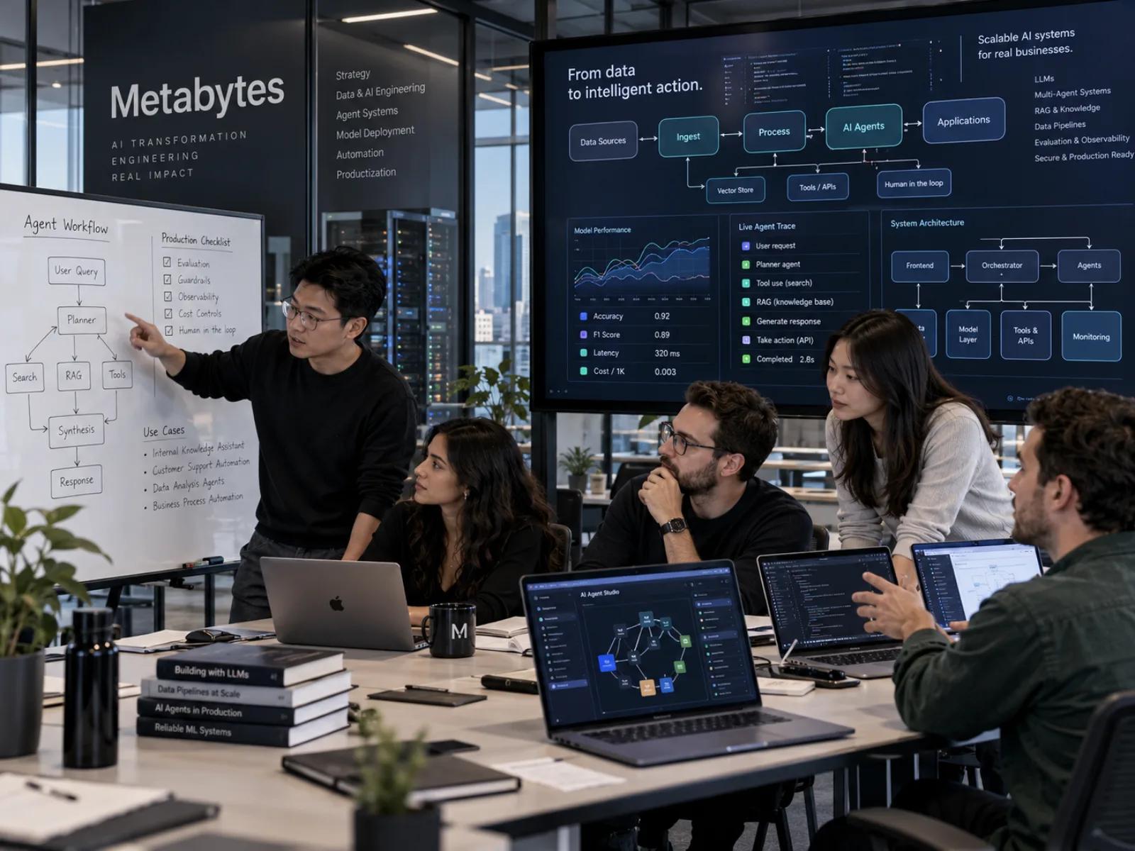 Metabytes engineers mapping an AI agent workflow beside live model performance dashboards