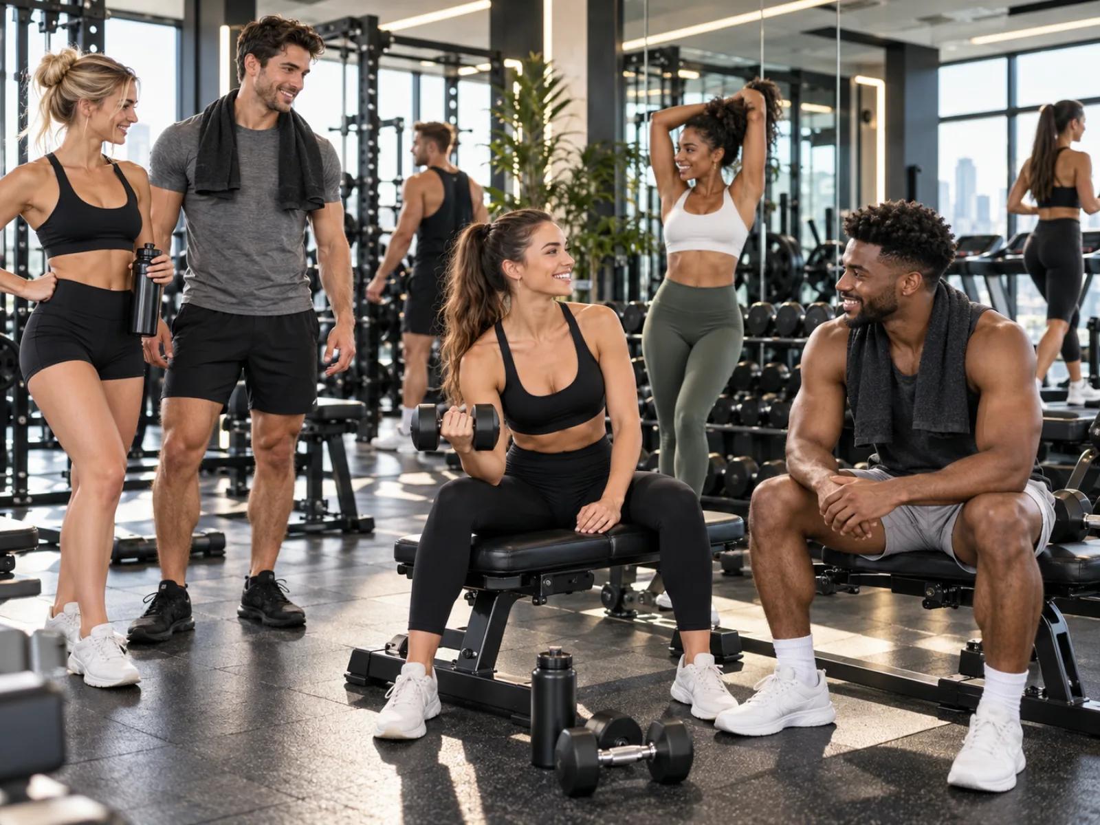 Friends training together with dumbbells and benches in a bright modern gym
