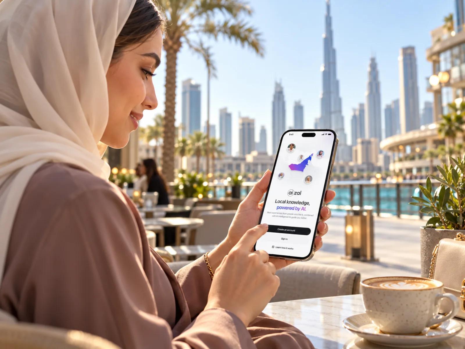 Woman using the Aizal app on her phone at a Dubai cafe with the skyline behind