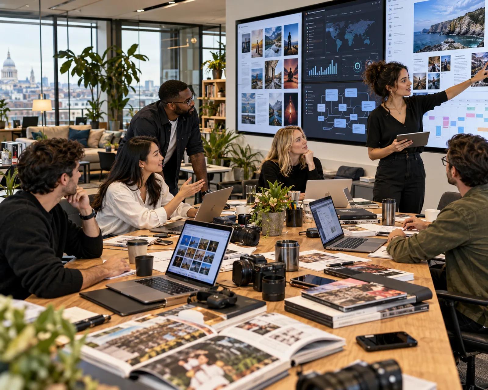WebFi editorial team planning content and publication analytics around a large screen