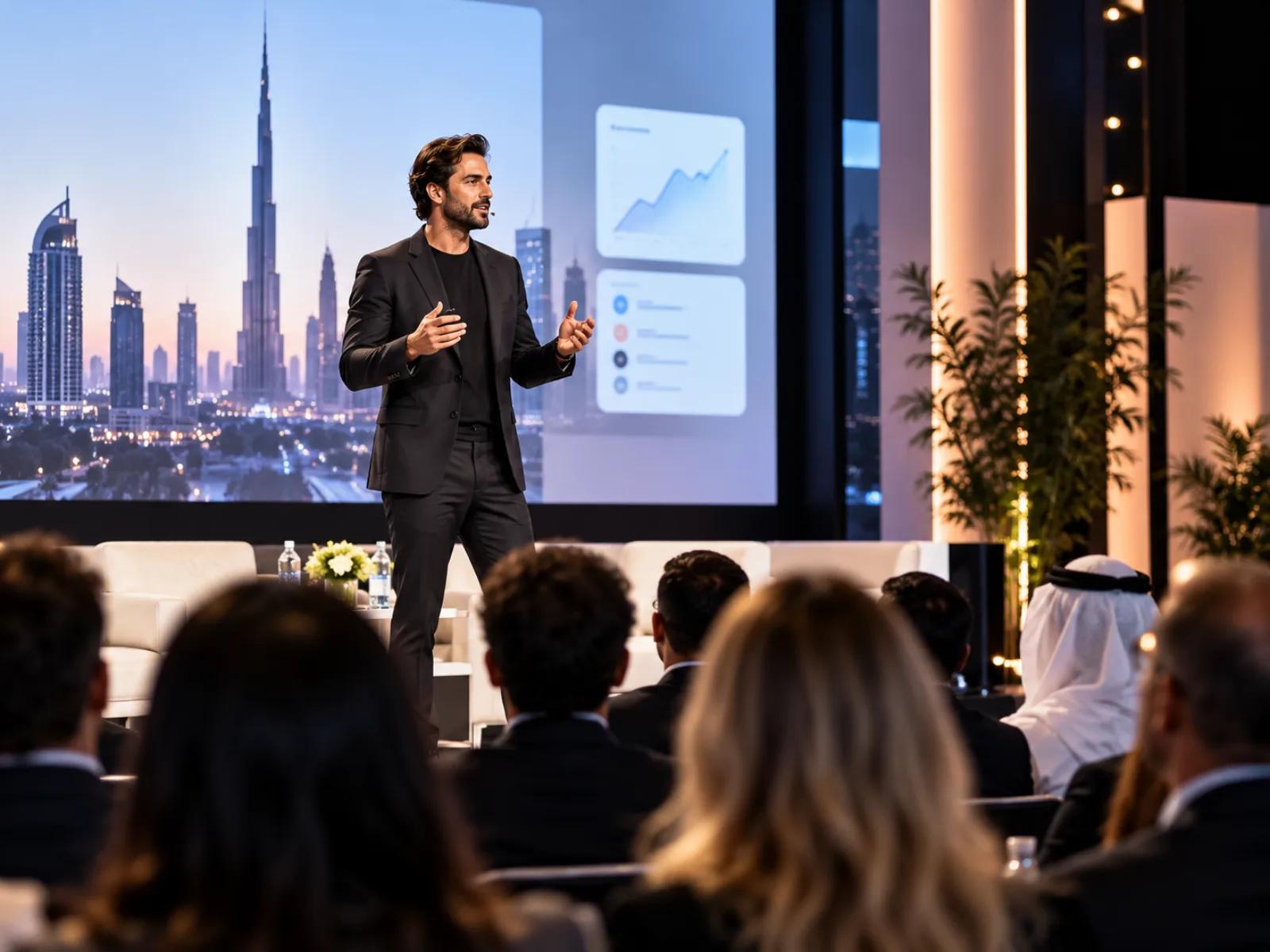 Speaker presenting business growth insights on stage to a conference audience
