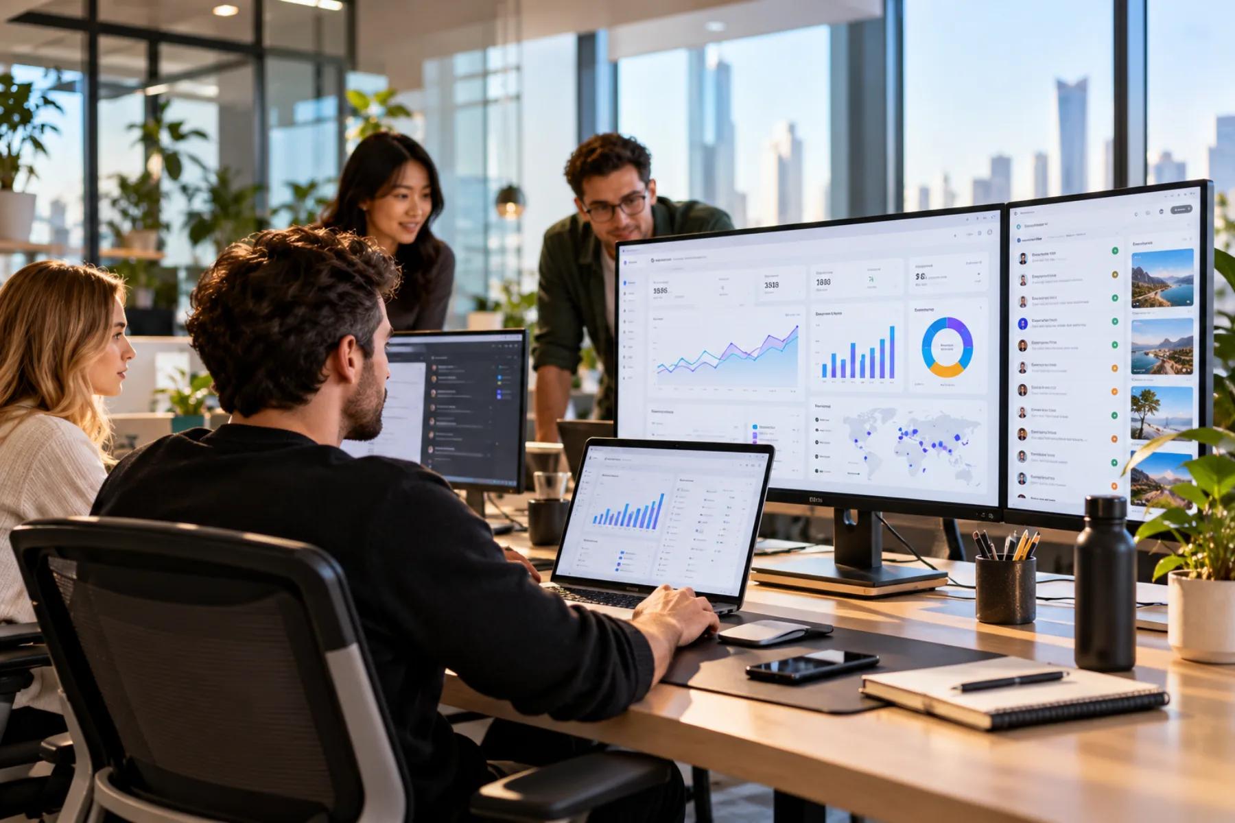 Dashboardo growth team reviewing marketing and outreach dashboards across multiple screens