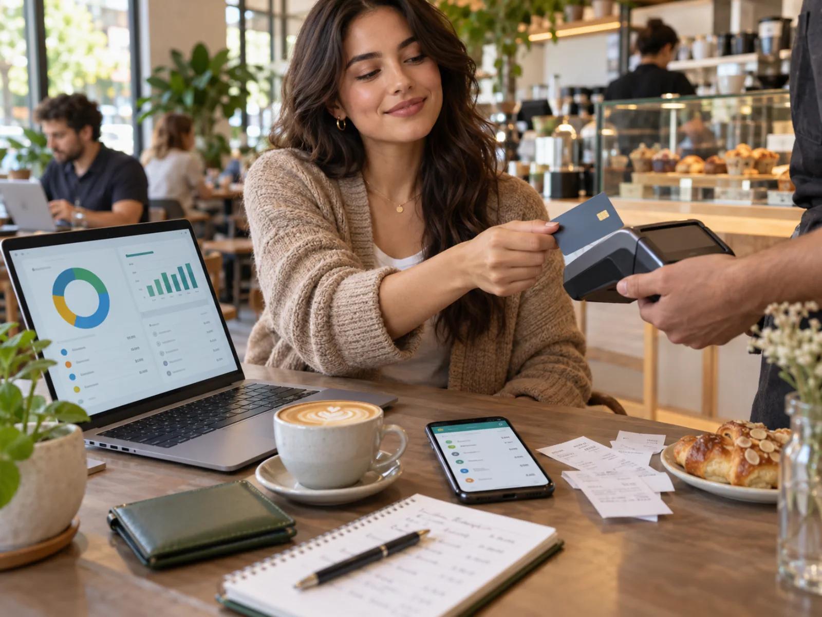 Woman paying by card in a cafe with a budgeting dashboard open on her laptop and phone